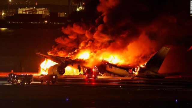 Japan Airlines jet bursts into flames after collision with quake-relief plane