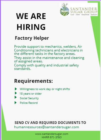Santander Sugar Group seeks new talent for factory helper positions amidst industry growth
