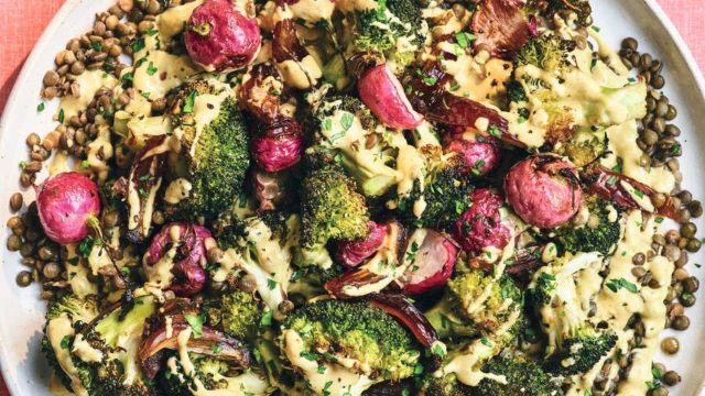 Broccoli and lentil salad with curried tahini and dates recipe