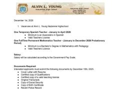 Alvin L. Young Nazarene High seeks applicants for two teaching positions