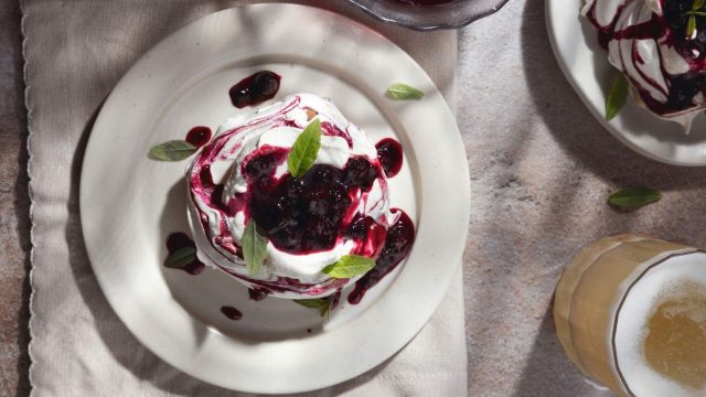Boozy blackcurrant & lemon verbena meringues recipe